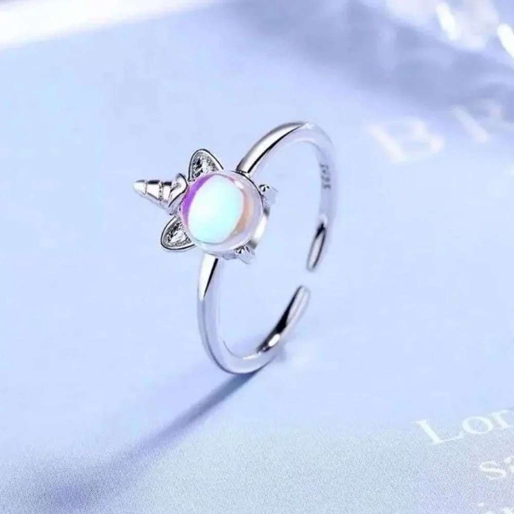 NEW Cute Silver Unicorn Opal Moonstone Ring
